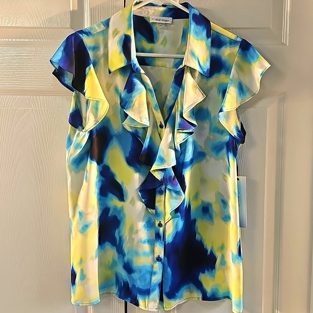 NWT Calvin Klein Multicolored  Ruffles Capped Sleeve Button Down Top Large - Picture 5 of 15